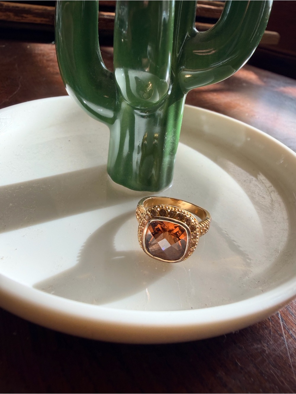 Gold Cocktail Ring with Amber Brown Gemstone Size 7.5 Statement Ring